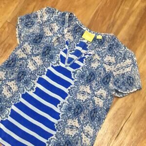 Anthropologie Maeve Blue, White, and Pink Stripe Blouse Size Medium